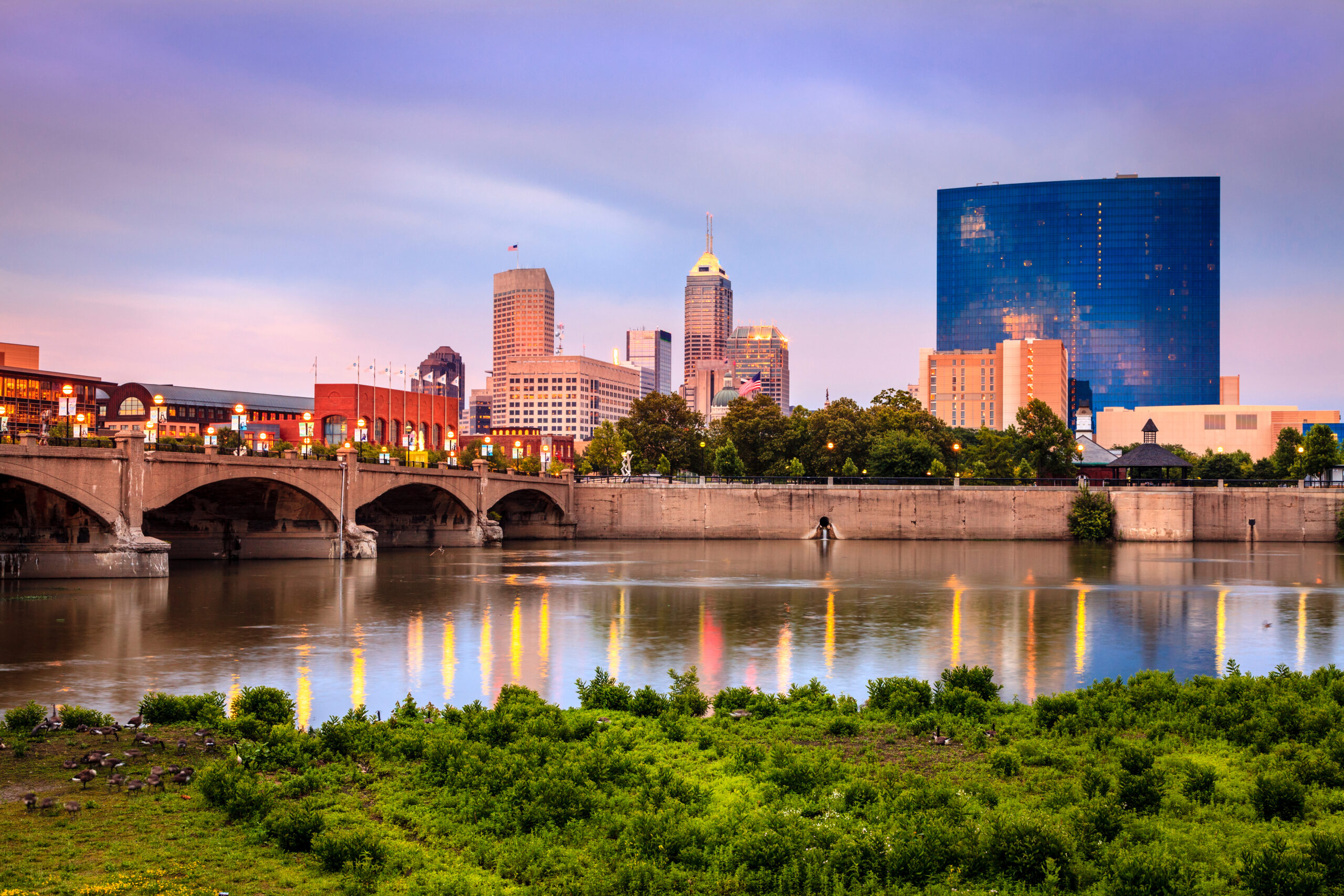 Beautiful view of Indianapolis skyline and the White River at sunset