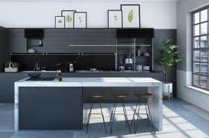 Linear Suspended Lighting in Black and White Modern Kitchen