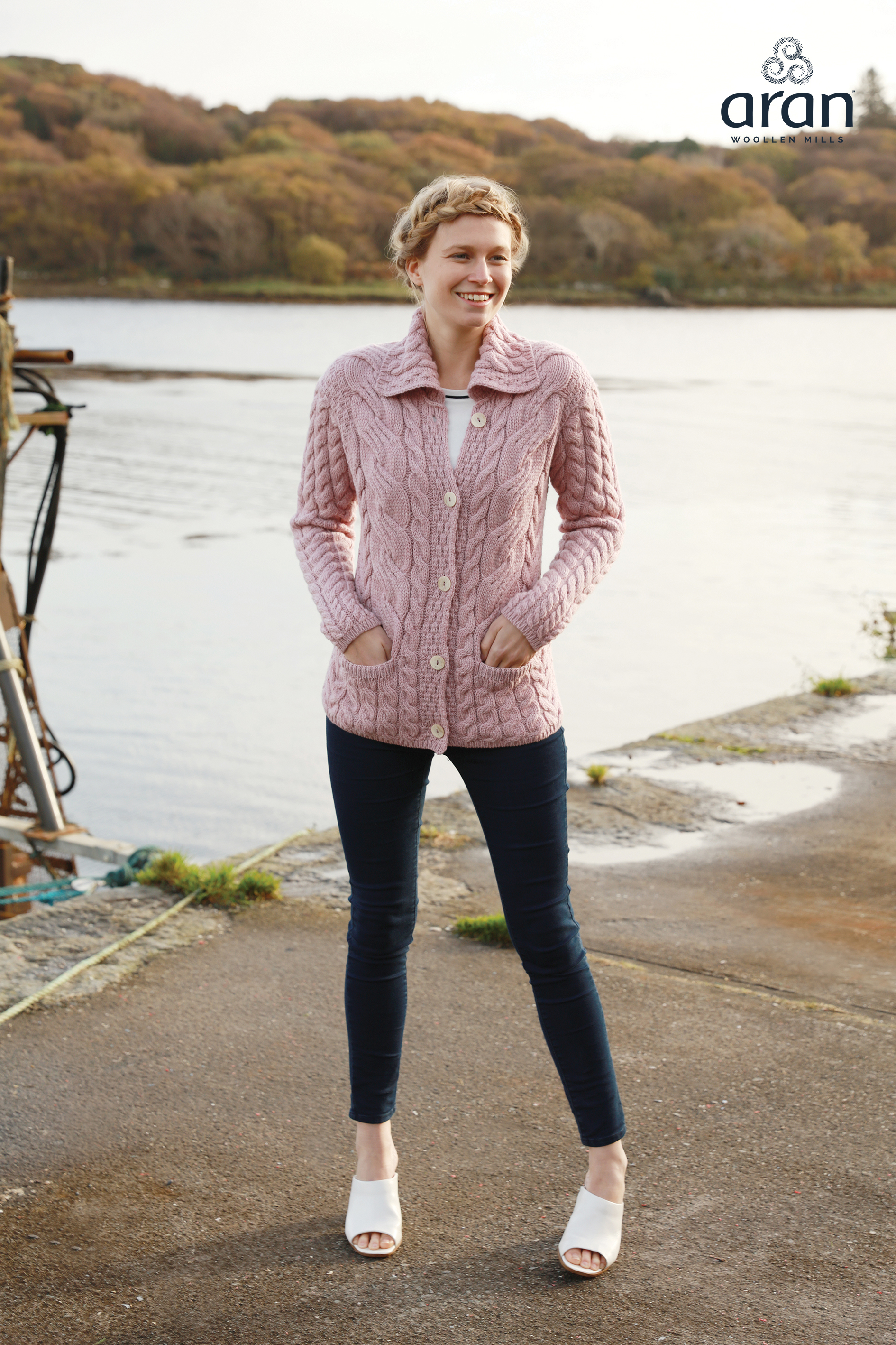 Aran Woollen Mills Cable Knit Super Soft Merino Pink Cardigan b940 402