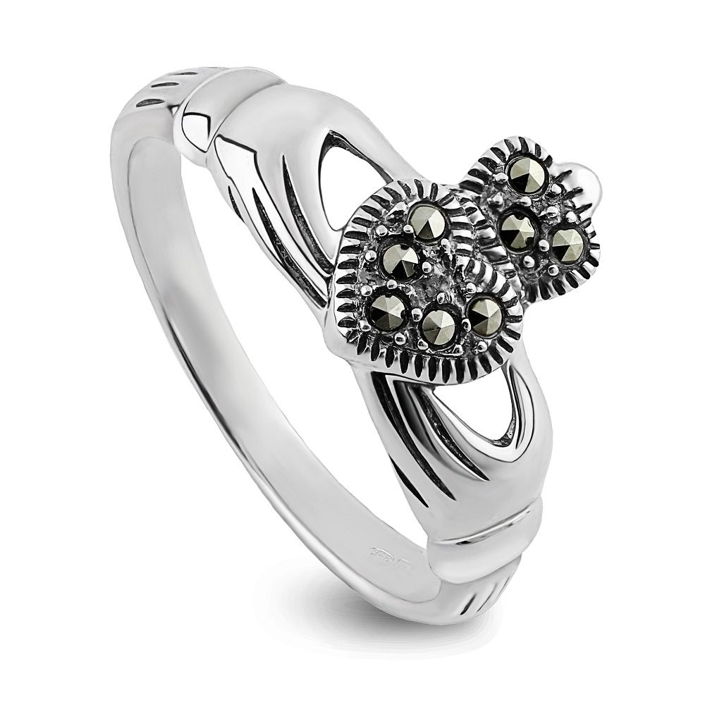 'Solvar Sterling Silver Marcasite Claddagh Ring s2448