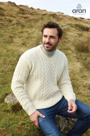 Gents Roll Neck Grey Aran Fisher mans Sweater Pure Irish Wool r193 455