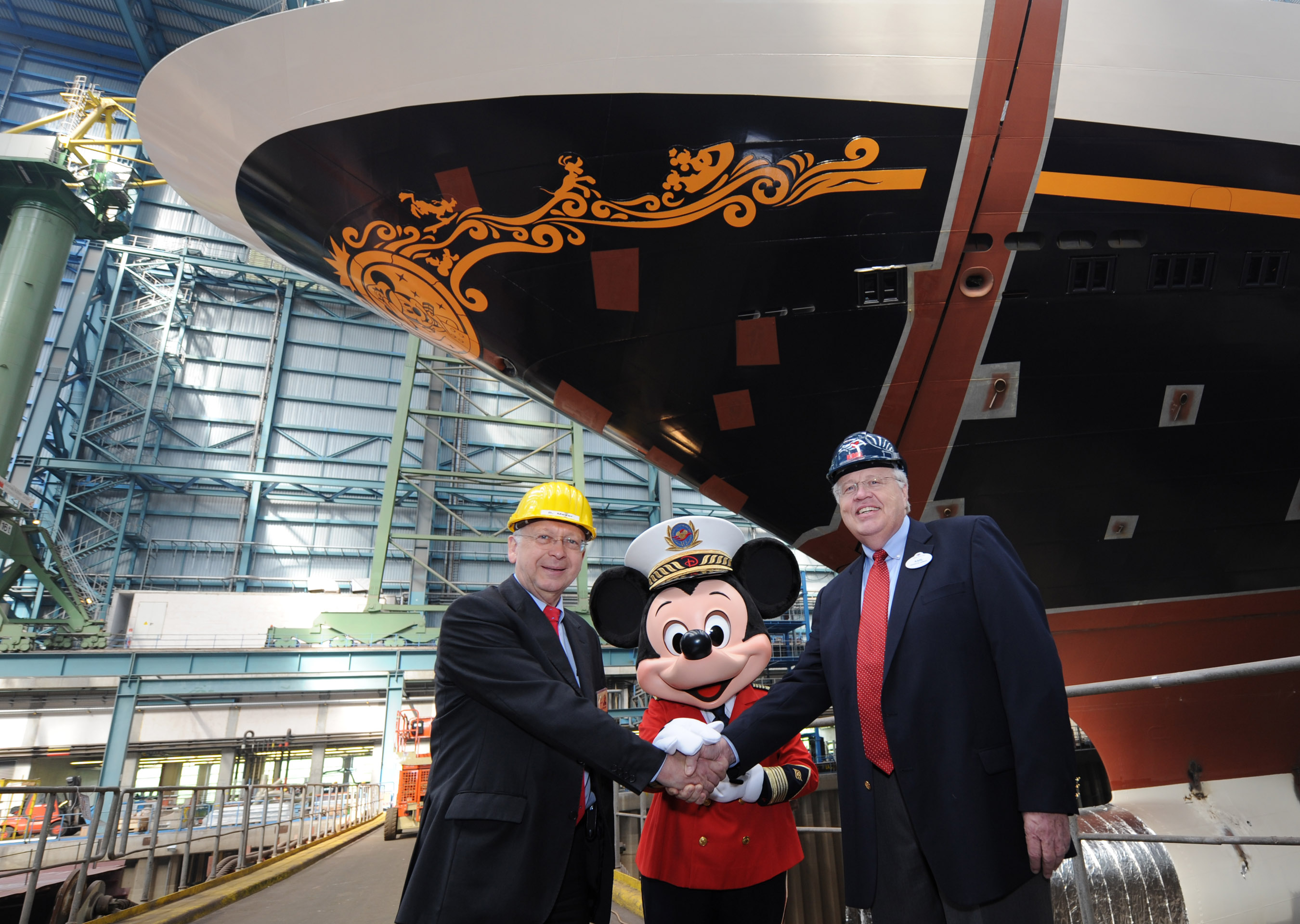 Captain Mickey Mouse was on hand to help place the final building block in the bow of the new Disney Dream, Disney's new cruise ship set to make her maiden voyage on January 26, 2011.