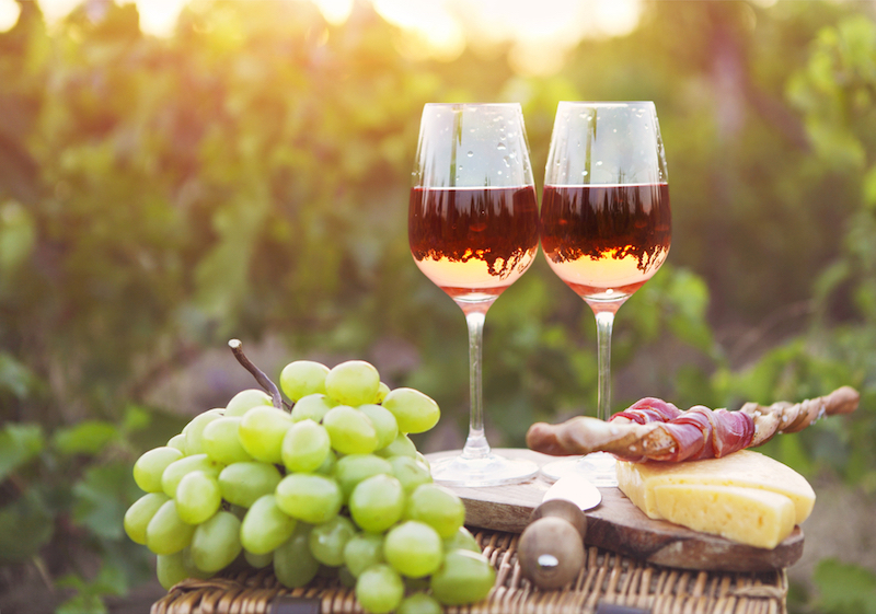 wine, cheese, and grapes in a vineyard