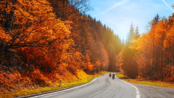 Bikers on mountainous highway, biker on the road in sunset light in autumn riding on curve road pass across Alpine mountains, extreme lifestyle, freedom concept. Austria, Alps