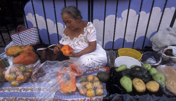 a women with fruits on a road in the village on Isla Mujeres near the city of Cancun on Yucatan in the Province Quintana Roo in Mexico in Central America. Mexico, Isla Mujeres, January 2009.