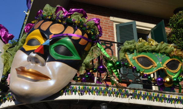 View of a balcony in New Orleans, Louisiana, USA, decorated for carnival celebration of Mardi Gras.