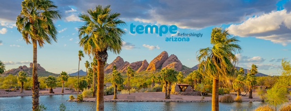 palm trees swaying in desert in front of lake
