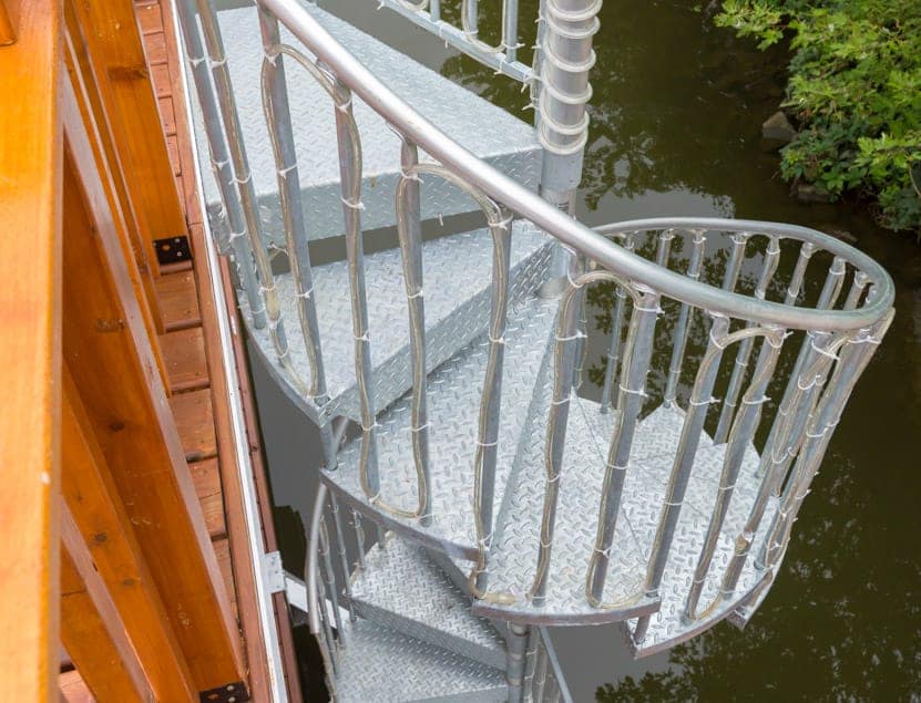 galvanized spiral stair with lights