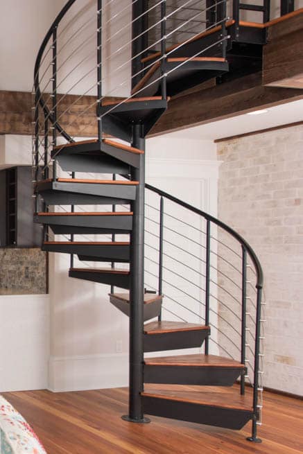 line rail with solid wood treads detail shot