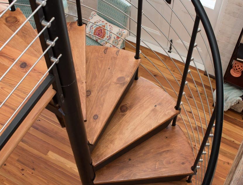 line rail with solid wood treads detail shot