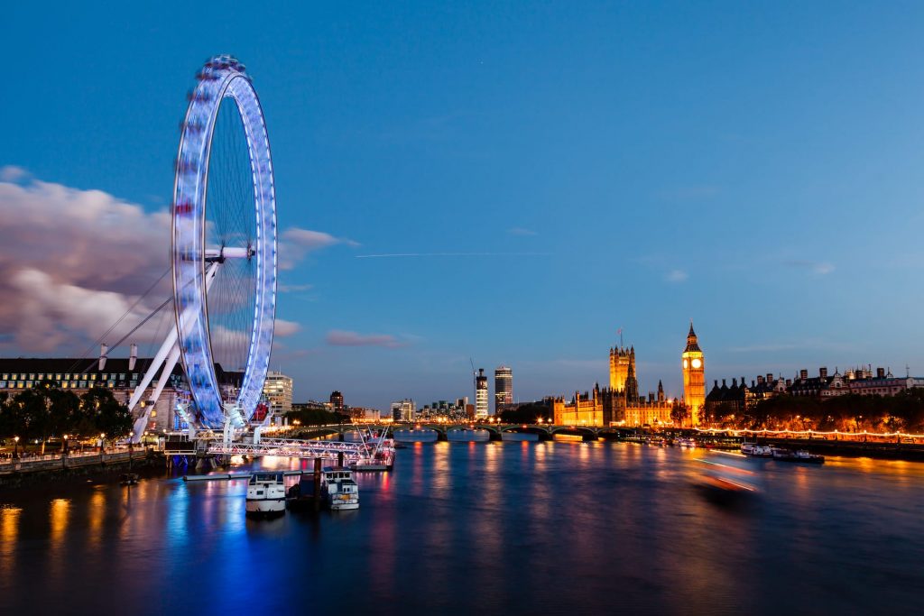 London Eye, Westminster Bridge and Big Ben in the Evening, London, United Kingdom