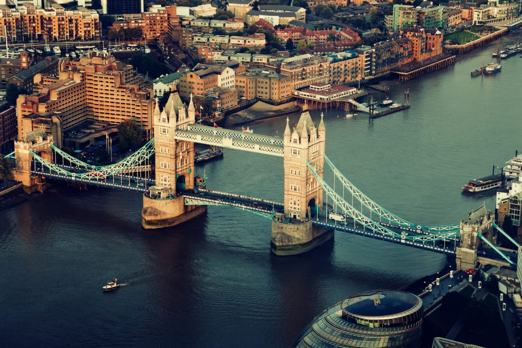 London aerial view with Tower Bridge in sunset time