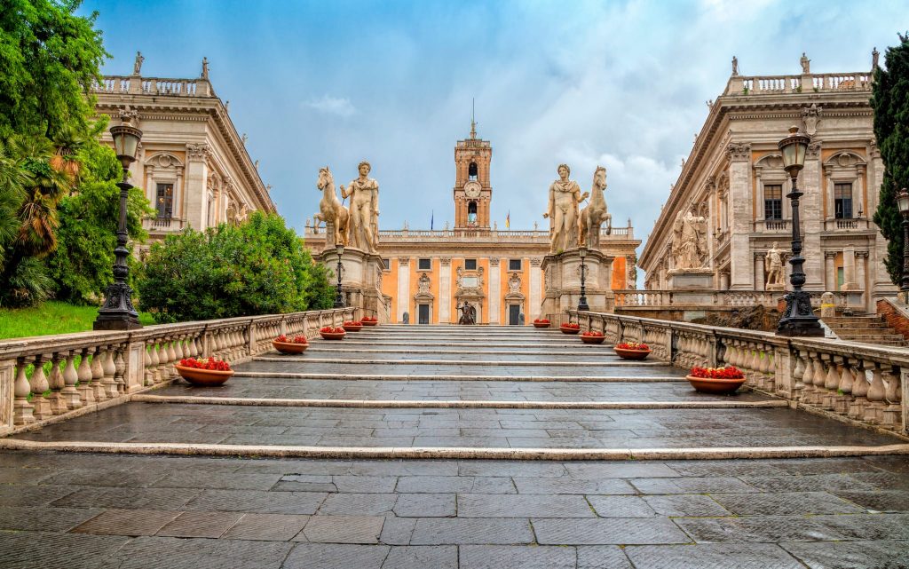 Michelangelo stairs to Capitoline square (Piazza del Campidoglio) on top of Capitoline Hill , Rome, Italy. Rome architecture and landmark. Rome cityscape