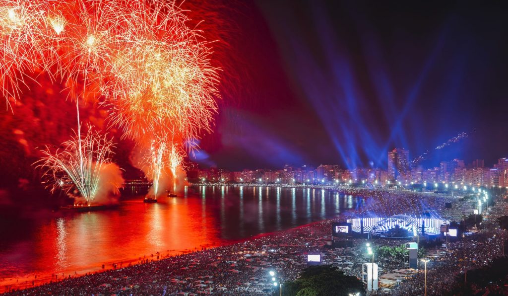 Both locals and tourist, enjoy the breath-taking New Years fireworks display along Copacabana Beach, Rio de Janeiro, Brazil