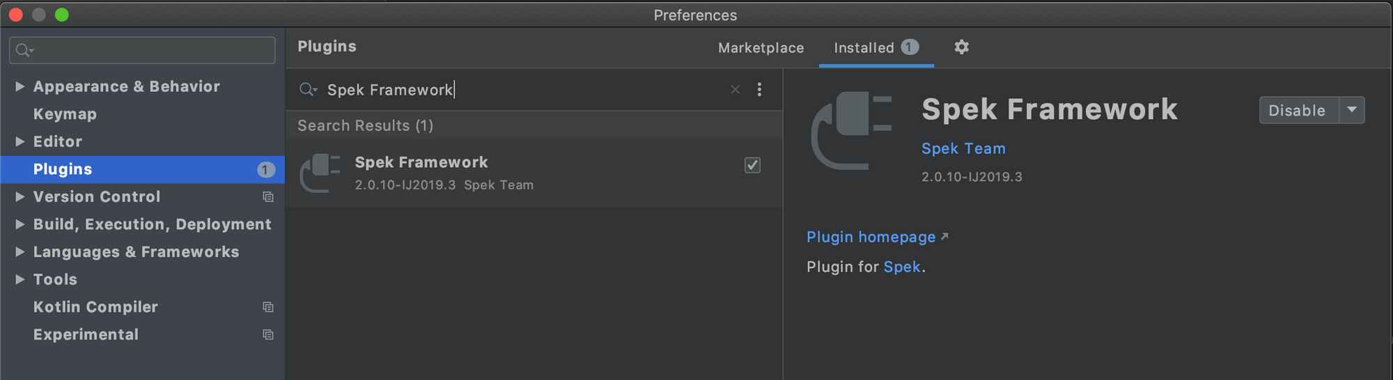 Screenshot - Install "Spek Framework" plugin