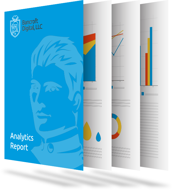 Simulated Bancroft Digital Analytics Reports on paper stacked together