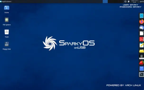 A screenshot of SparkyOS with the Xfce desktop environment.