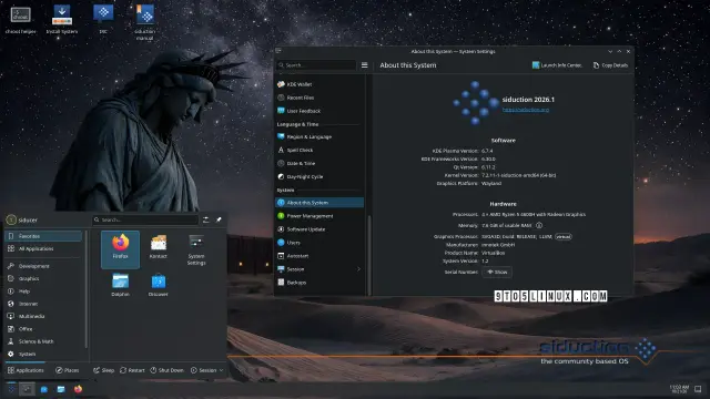 A screenshot of siduction 2026.1 with the KDE Plasma desktop environment showing the System Settings app and Kickoff application menu.