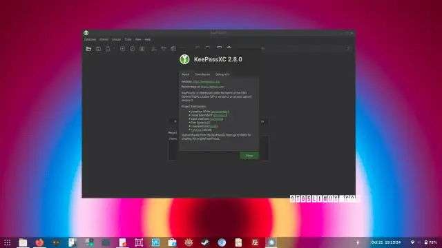 A screenshot of KeePassXC 2.8 showing the main window and the About dialog.