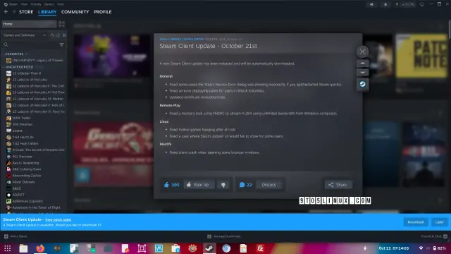 A screenshot of the Steam Client showing the release notes of the October 21st patch.