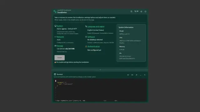 A screenshot of the Agama 25 installer showing the web-based terminal.