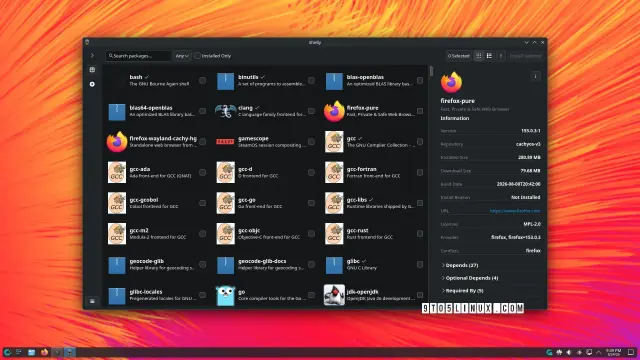 A screenshot of Shelly showing the main window while browsing the Arch Linux package repository.