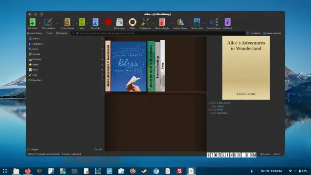 A screenshot of Calibre 9.17 showing the main window while viewing the local e-book library with the Bookshelf view.
