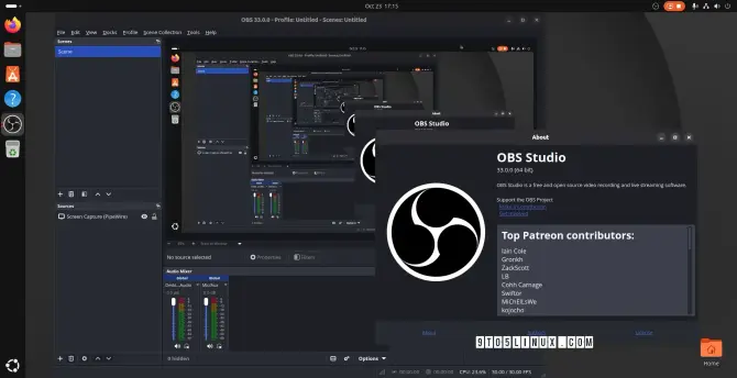 A screenshot of OBS Studio 33 showing the main window while recoridng the screen and the About OBS Studio dialog.