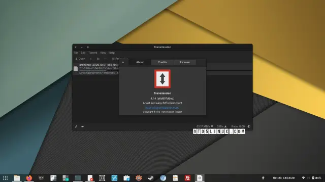 A screenshot of Transmission 4.1.4 showing the main window while downloading a torrent file and the About Transmission dialog.