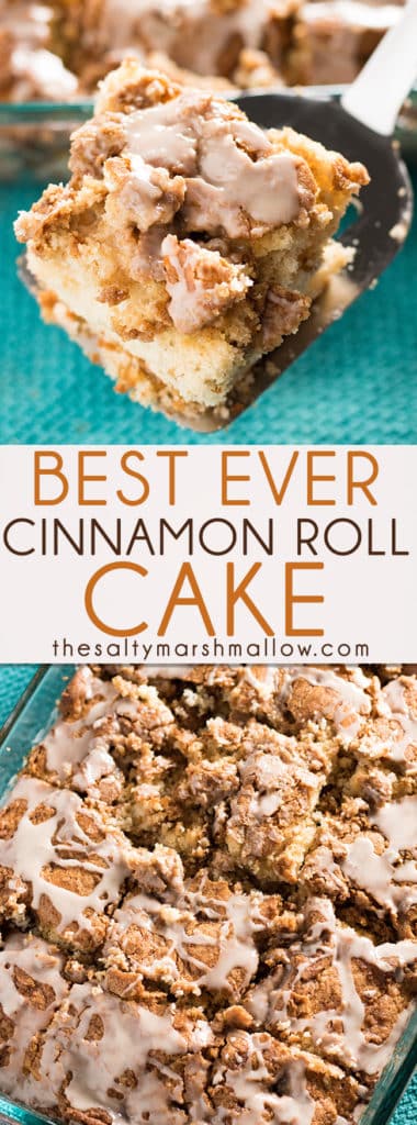 Cinnamon Roll Cake - The best ever cinnamon roll cake that is perfect for breakfast with a cup of coffee, but also a great crowd pleasing dessert! This cake is super soft and moist, has a gooey cinnamon brown sugar swirl, and is easy as can be to whip up in no time! The best easy cake to enjoy during the holidays!