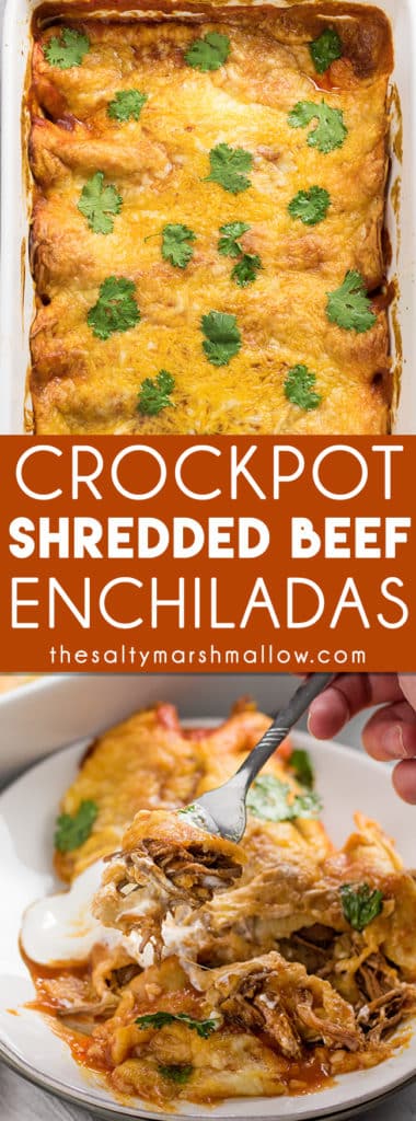 Shredded Beef Enchiladas: These shredded beef enchiladas are an easy to make slow cooker enchilada recipe! Tender Mexican shredded beef slow cooked in the crockpot to perfection, rolled inside of flour or corn tortillas and smothered with enchilada sauce and cheese!
