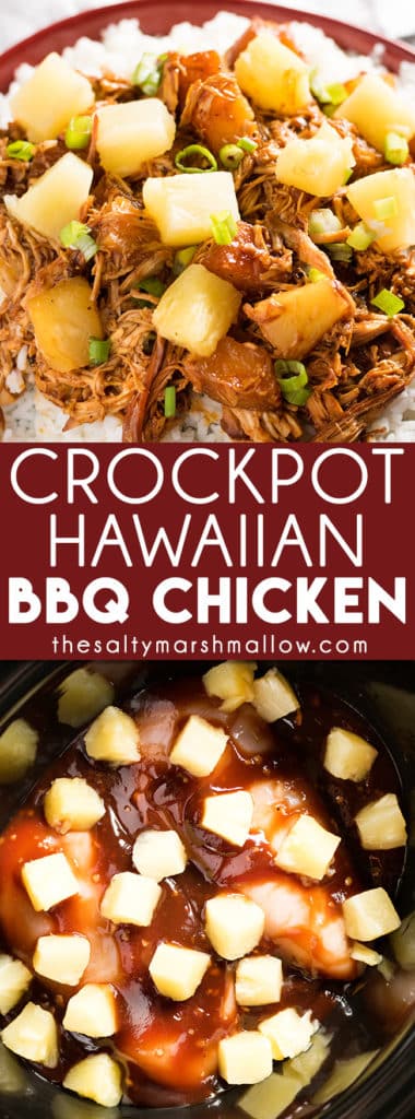 Crockpot Hawaiian BBQ Chicken: This Hawaiian pineapple BBQ chicken is a weeknight dinner made healthy and easy right in the crockpot! This dinner is perfect for summer with tender chicken smothered in your favorite bbq sauce and topped with sweet pineapple. Quick and easy with only five ingredients.