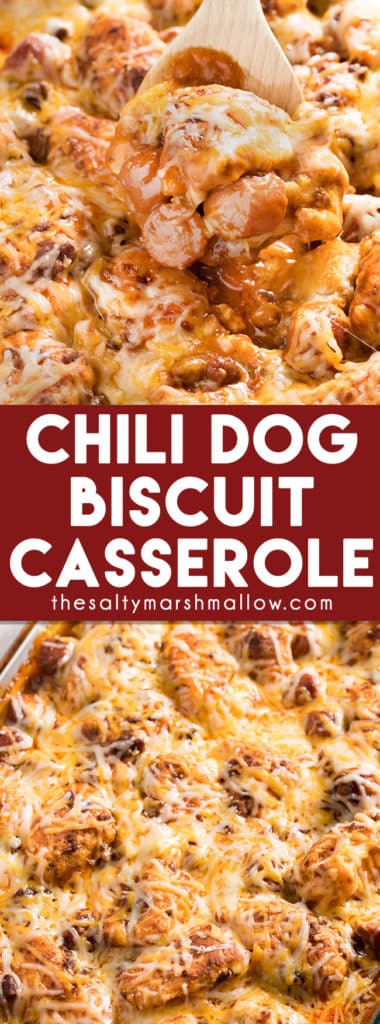 Chili Dog Biscuit Casserole: This Chili Dog Casserole is a quick and easy weeknight dinner recipe filled with biscuits, chili, hot dogs, and cheese! A delicious comfort food dinner recipe that is perfect for the whole family.