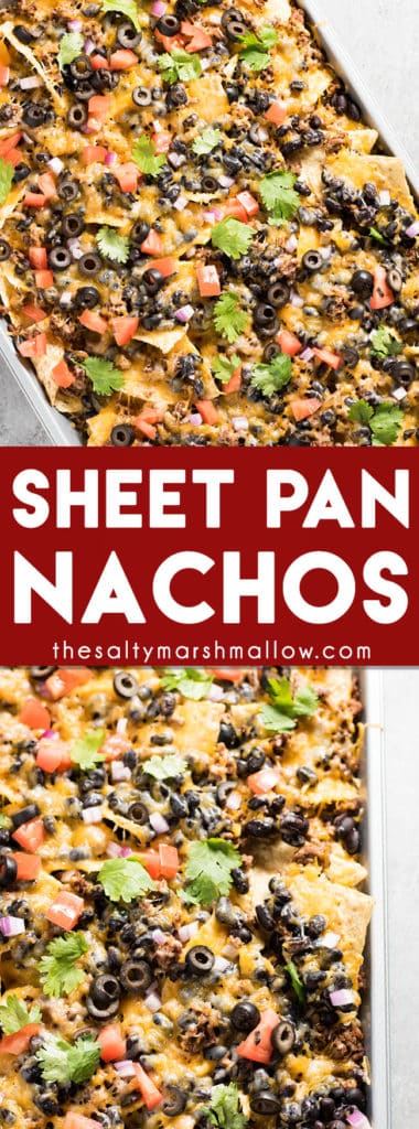 Sheet Pan Nachos: These easy to make sheet pan nachos are layered with ground beef, black beans, cheese, and your favorite toppings! Nachos that are made in the oven and perfect as an easy weeknight dinner or to feed the game day crowd!