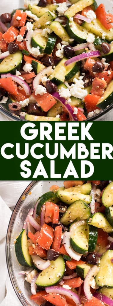 Greek Cucumber Salad: This light and healthy Greek Cucumber and Tomato Salad is the perfect light lunch or side dish for dinner. Full of veggies, olives, feta cheese, and a light lemon dressing.