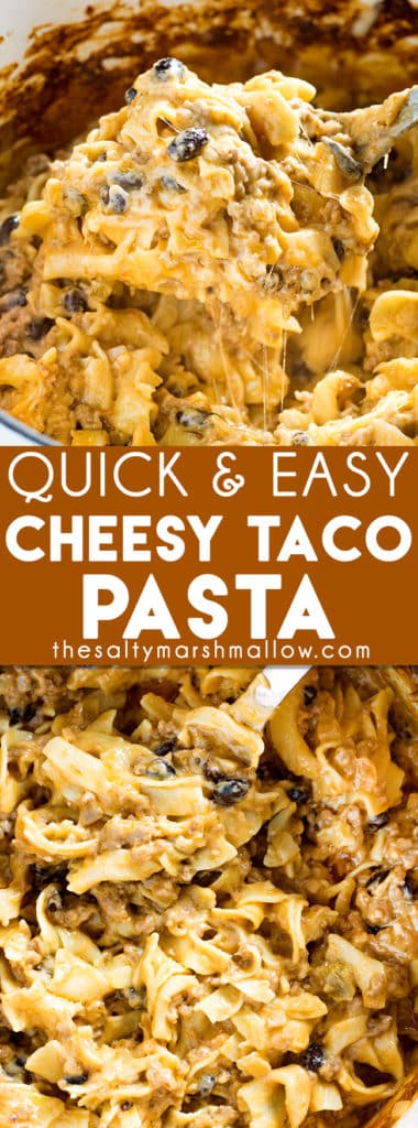 Cheesy Taco Pasta! A quick and easy dinner recipe for cheesy taco pasta bake that's full of ground beef, cheese, and black beans! This comfort food casserole is a dinner the whole family will love, it tastes so much better than hamburger helper! My family especially loves this meal during fall and winter.