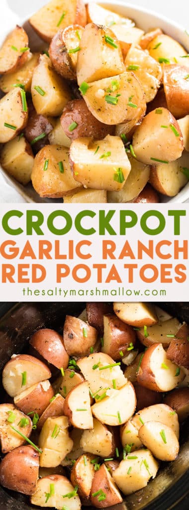 Crockpot Garlic Ranch Red Potatoes are the best ever red potatoes roasted right in the crockpot or slow cooker! This recipe for red potatoes is super easy and bursting with garlic and ranch flavor. A perfect side dish for busy weeknight dinners or for any holiday party!