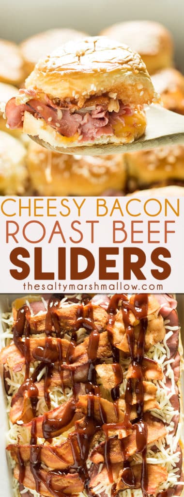 Cheesy Bacon Roast Beef sliders are one of the best slider recipes ever! Soft Hawaiian rolls are filled with roast beef, two kinds of cheese, bacon, and bbq sauce! These sliders come together so quick and easy. They're the perfect game day, potluck, or tailgating food. Or, they are a crowd-pleasing easy weeknight dinner too!