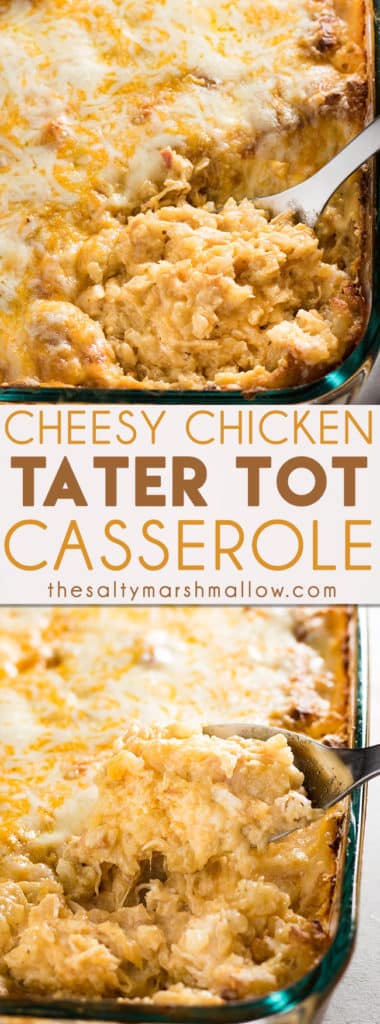 Cheesy Chicken Tater Tot Casserole - This cheesy tater tot casserole makes for one of the best family friendly weeknight dinners! Easy to make, full of cheese, ranch seasoning, chicken, and tater tots!