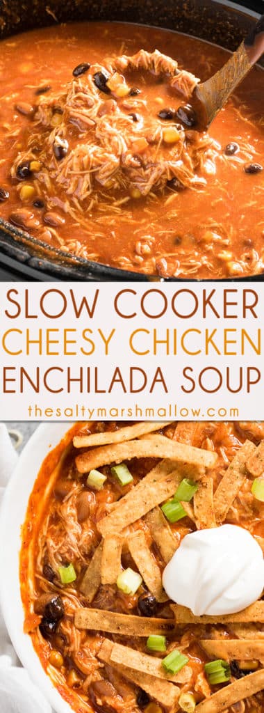 SLOW COOKER CHICKEN ENCHILADA SOUP - The best ever enchilada soup that is creamy, cheesy, packed full of tender chicken and amazing flavor! This chicken enchilada soup is easy to make in your slow cooker for a cozy fall or winter dinner!