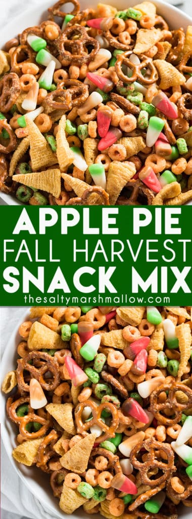 Apple Pie Fall Harvest Snack Mix - A delicious salty and sweet snack mix that is perfect for fall parties or Halloween! This snack mix recipe is easy to make and full of apple jacks, bugles, pretzels, and apple pie candy corn and a sweet brown sugar cinnamon glaze!