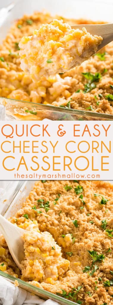 This cheesy corn is a super easy to put together side dish - full of corn, three different cheeses, and garlic, this skillet is packed with melty deliciousness and flavor - a perfect casserole for any day of the week or any holdiay with minimal work and only 20 minutes from your oven to your table!