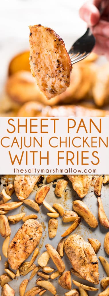 Sheet Pan Cajun Garlic Chicken & Fries - The easiest and most mouthwatering baked Cajun chicken recipe you'll ever taste! This Cajun chicken is made easy using one sheet pan, served alongside seasoned fries for a complete meal your family will love! Also delicious served with rice or pasta!