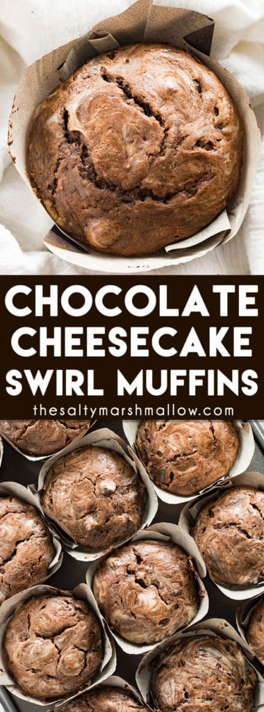 Chocolate Cheesecake Swirl Muffins - The best double chocolate muffins with a mouthwatering cream cheese swirl! These cheesecake muffins are easy to make for the perfect decadent breakfast or brunch!