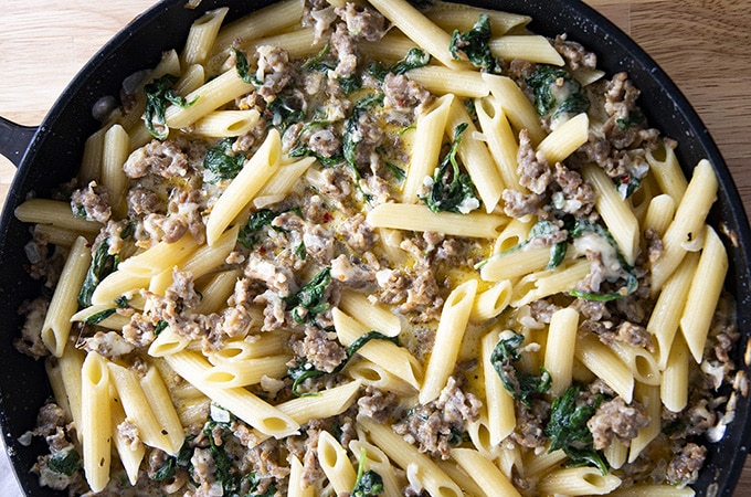 easy italian sausage pasta with cream and spinach