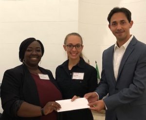 Accompanied by Ankit Ghasi (right), a David Allen Company Leader, presents the 2019-2020 David Allen Company Scholarship to Architectural Students, Jasmyn Byrd (on right) and Maya Miller.