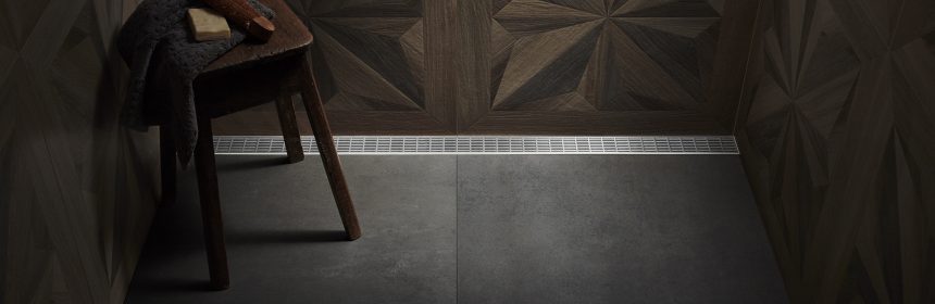 linear drain in a wood look shower