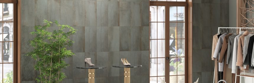 store setting with weathered metallic tile