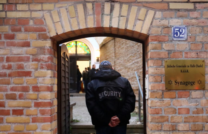 People gather at the synagogue in Halle
