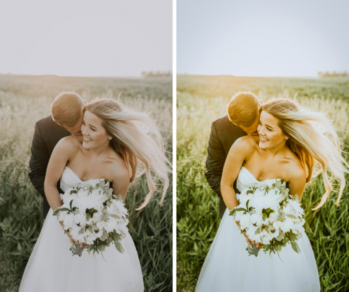 wedding photos before and after with desktop lightroom preset